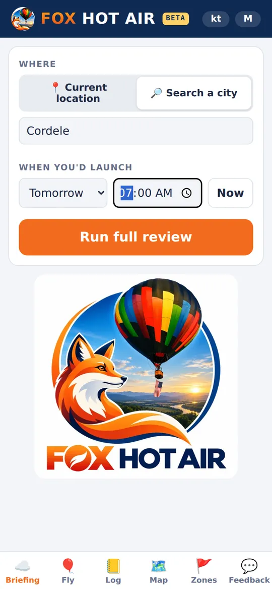 Run full review: current location or search a city, pick the day and time, one button