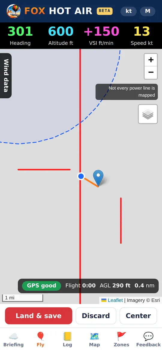 Fly screen with power lines drawn as solid red lines on the map